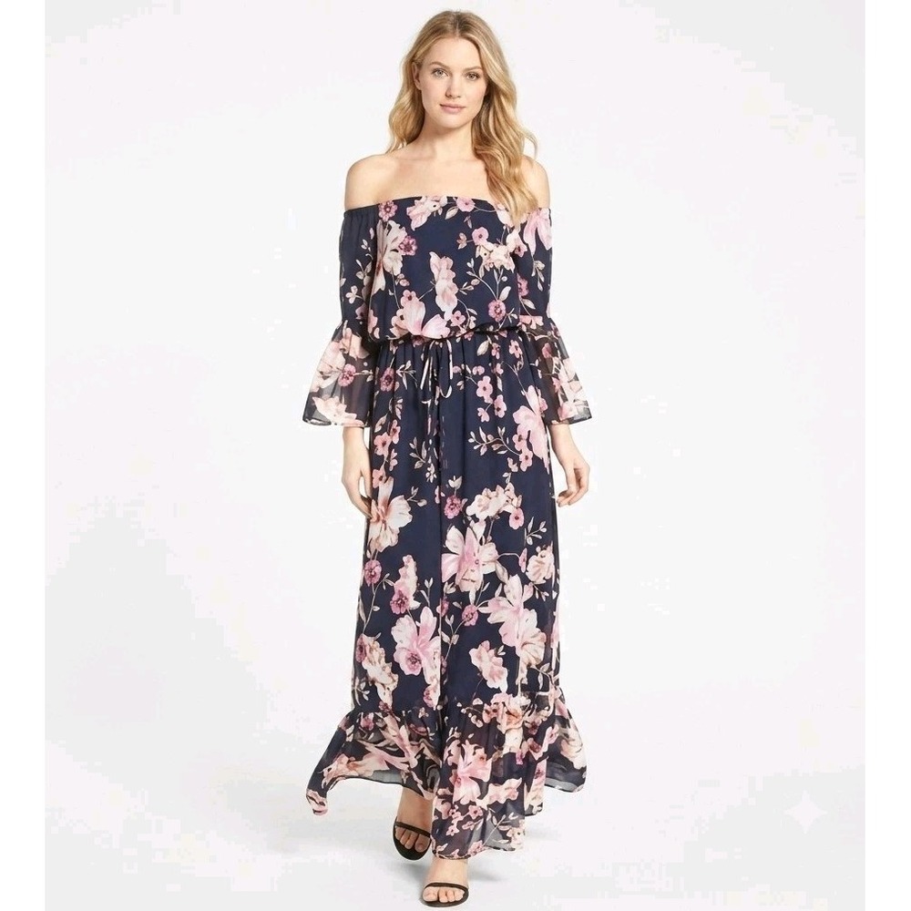 Eliza J Long Maxi Dress Women 8 Navy Blue Floral Off Shoulder Bell Sleeve Ruffle